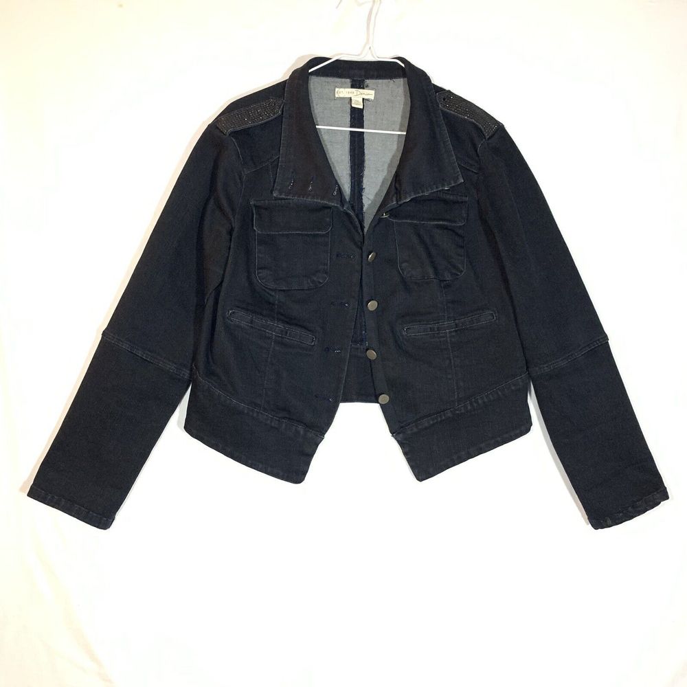 EST. 1946 Denim Jacket Womens Medium Dark Wash Rhinestone Shoulder Tabs Stretch